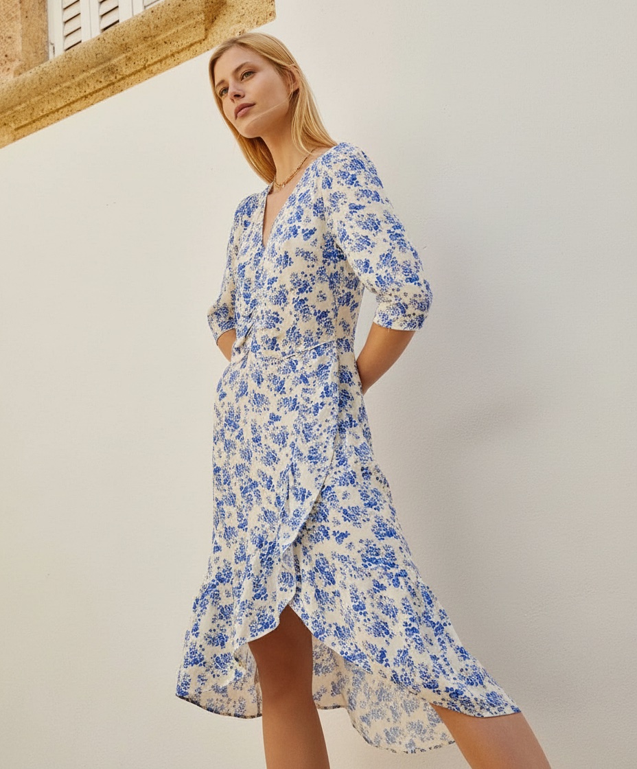 Robe longue blanche et bleu a fleur
