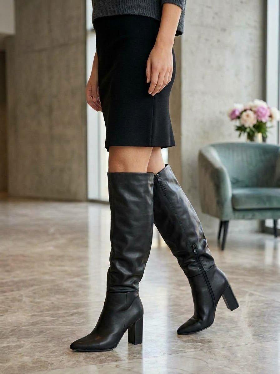 Bottes noir en cuir adaptée aux mollets larges