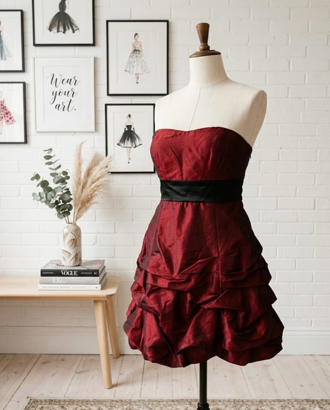 Robe bustier rouge bordeaux irisé avec une ceinture en satin noir