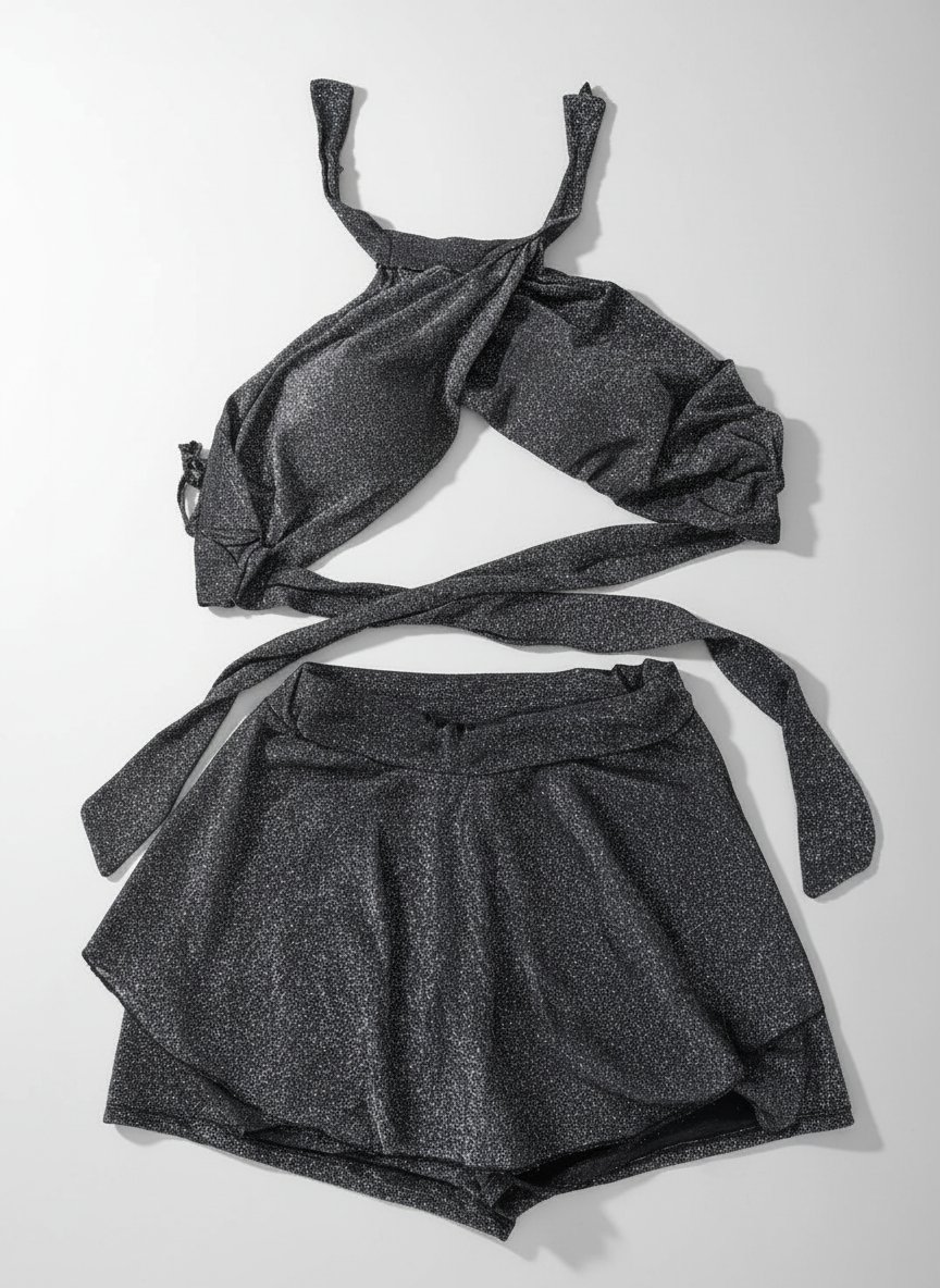 Set soirée deux pièces, haut rembourré neuf avec étiquette en noir argenté taille M, 85%viscose