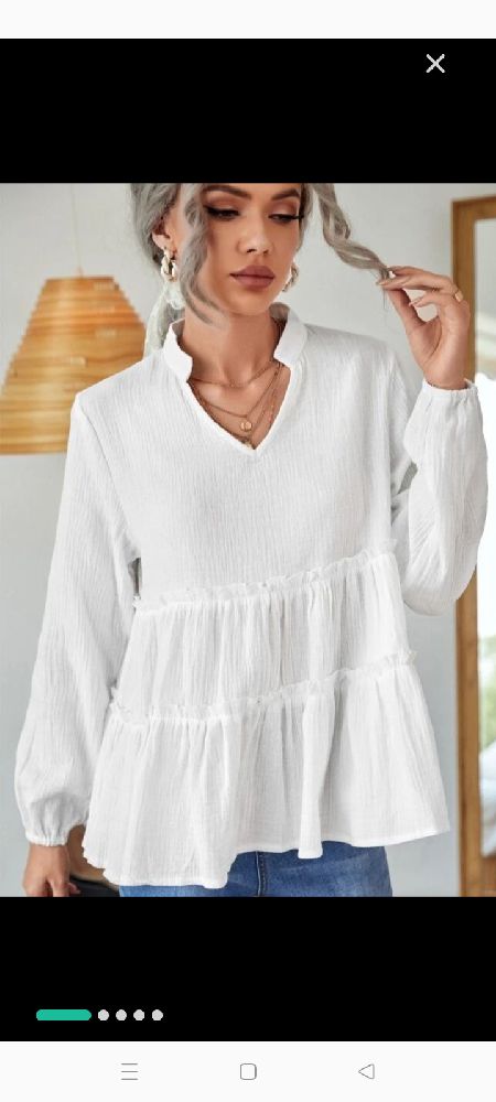 Blouse ample  de H&M à manches de Lanterne à Col Cranté avec Ourlet volanté, blanc cassé, taille S