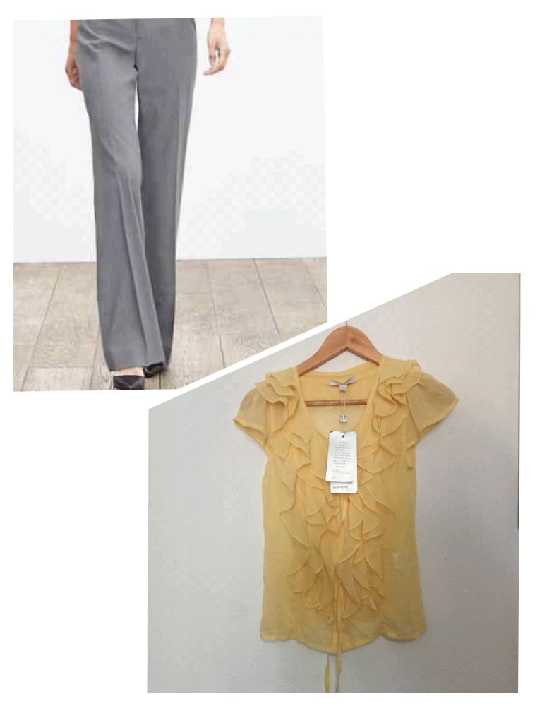 Pantalon tailleur gris de la marque Mario Serrani + blouse tendance jaune froufrou  de Vero  moda taille S, +cadeau pte gilet gris de H&M