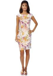 Robe fleurie de ashley brooke en denim léger et stretch et fermeture invisible au dos, taille XS,  jamais portée sans aucun défaut. 