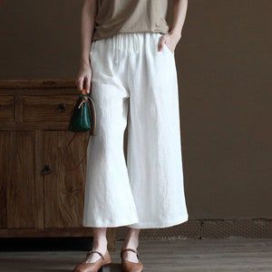 Pantacourt large  blanc kamraya 100% lin taille Unique, elastique à la taille ylabass S