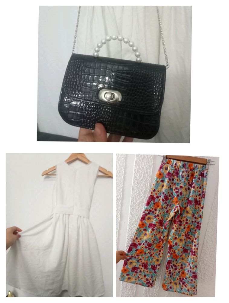 Robe de fête/Aïd blanche avec touche de sequin fillette 8--10 Ans +sac à main noir+pantalon large fleurie Shein taille 8/9