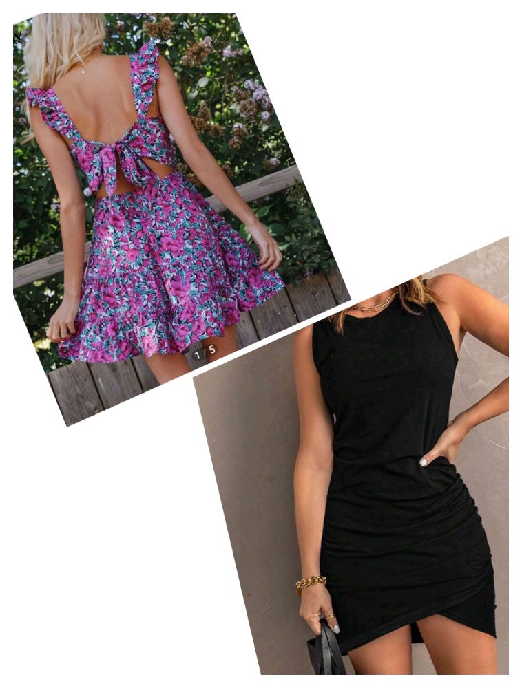 Deux robes  Shein XS jamais portées :Robe fleurie tandence dos avec noeud +robe cache coeur froncée noire viscose 