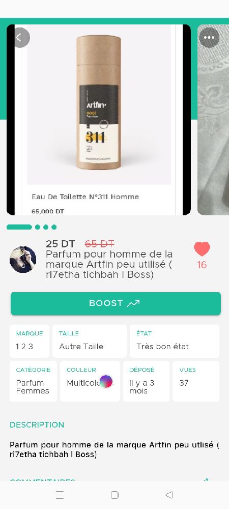 Parfum  pour homme de la marque Artfin peu utlisé ( ri7etha tichbah l Boss) 