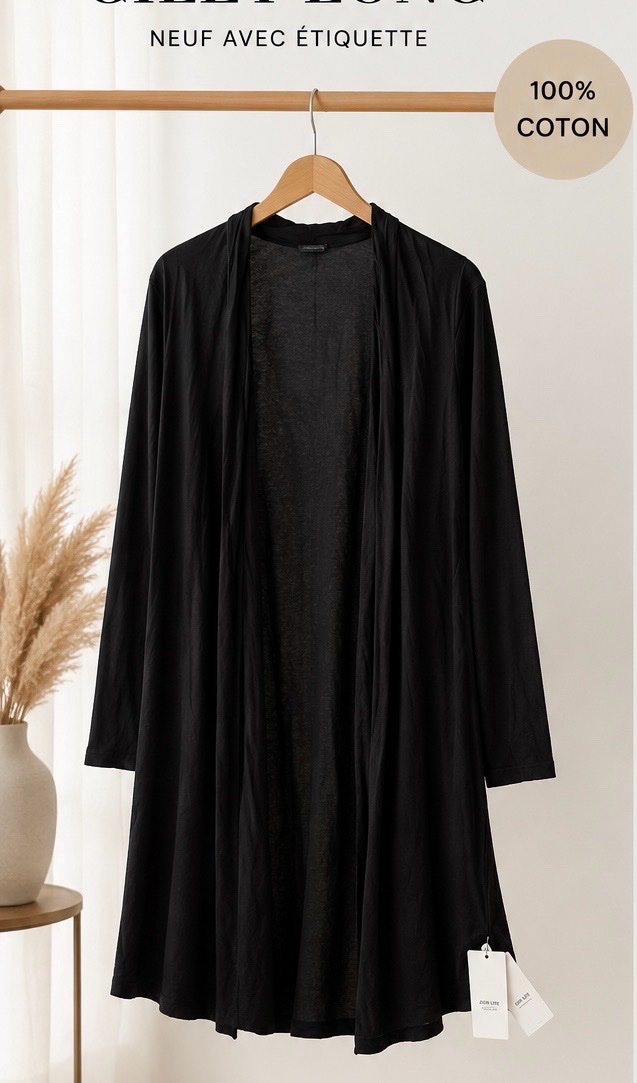 Élégant gilet long noir en 100 % coton, neuf avec étiquette. Léger, fluide et confortable