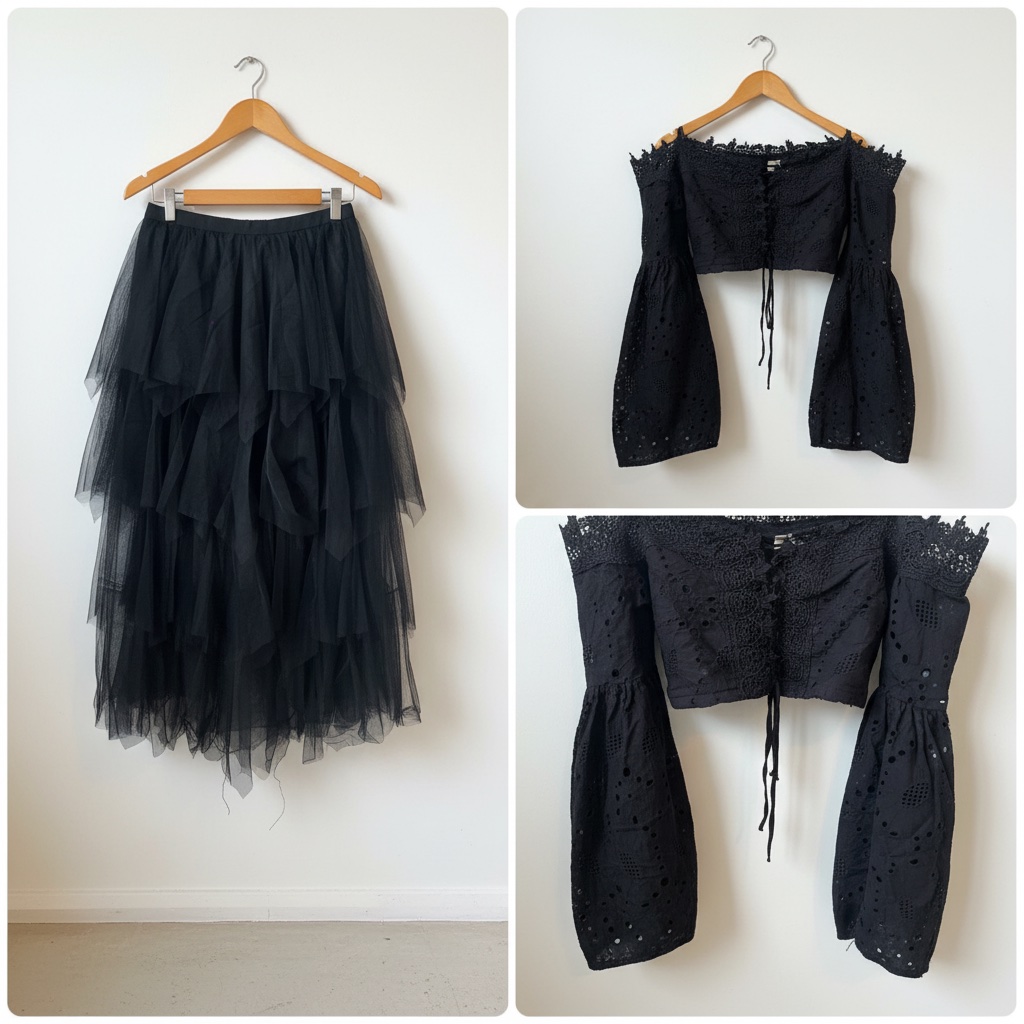 Jupe avec volant et crop top broderie anglaise