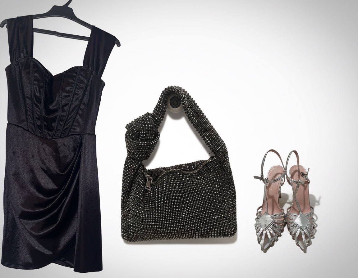 Pack robe soiree satine taille m sac en sequin sandales dore pointure 36 et c possible par pieces 