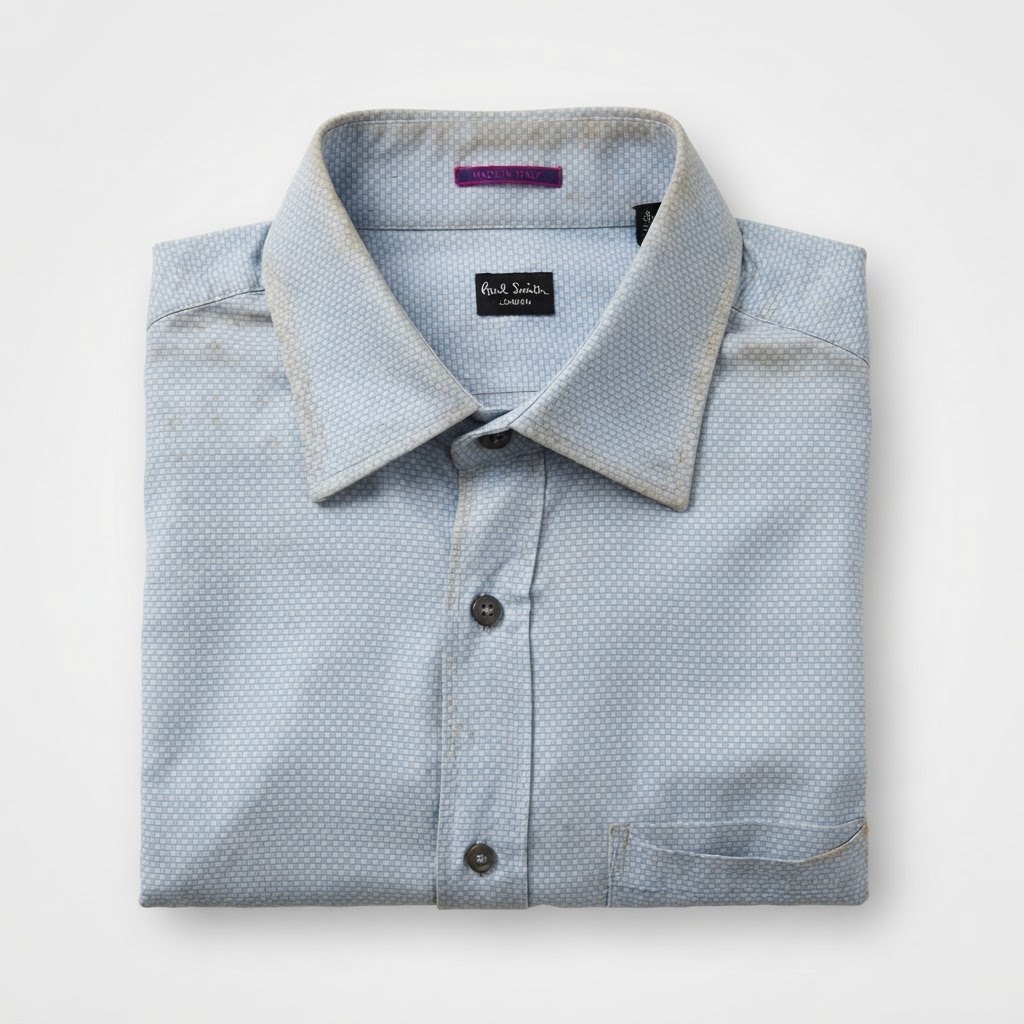 Chemise Paul Smith London, pur coton, micro-damier bleu ciel et blanc T41