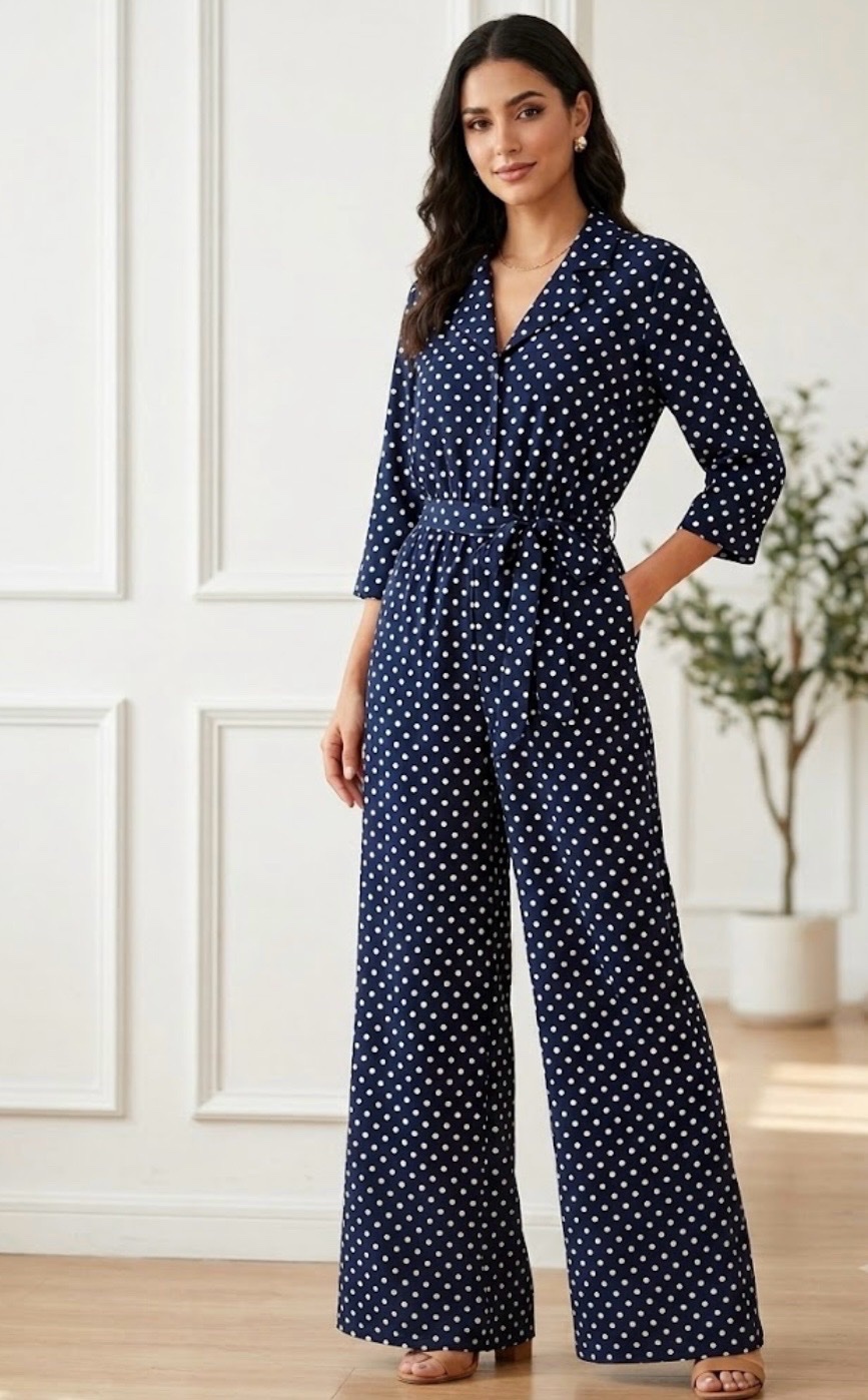 Combinaison bleu marine à pois blancs