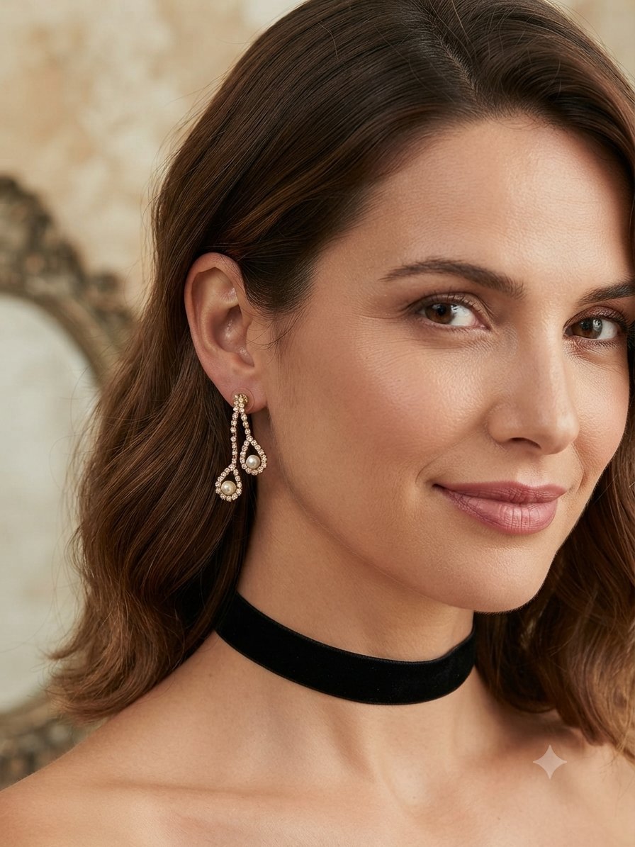 Des boucles d'oreilles avec des strass et des perles 