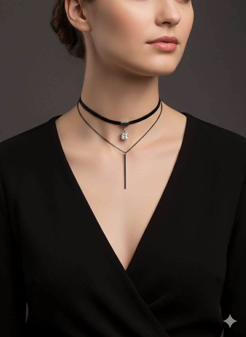 Un collier du cou noir et une chaîne plus fine