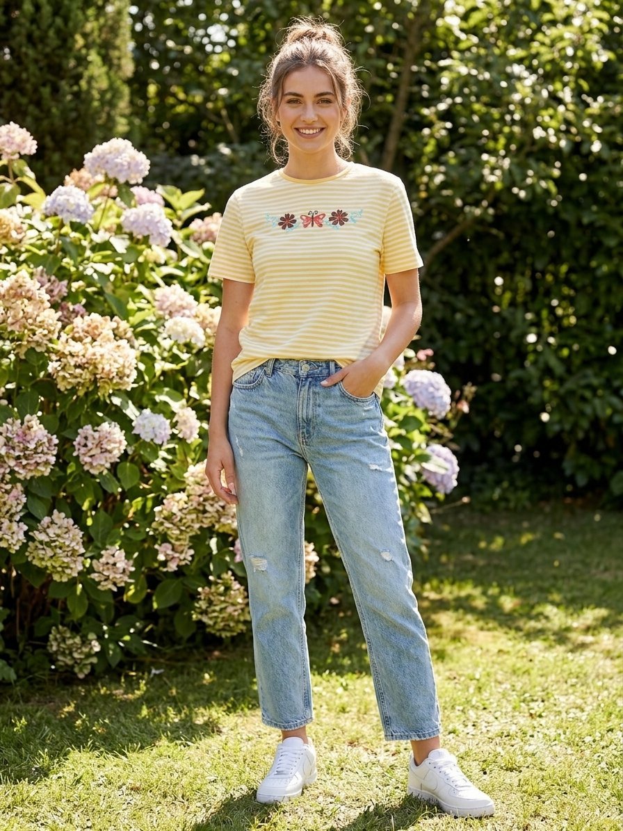 T-shirt jaune à rayures blanches 