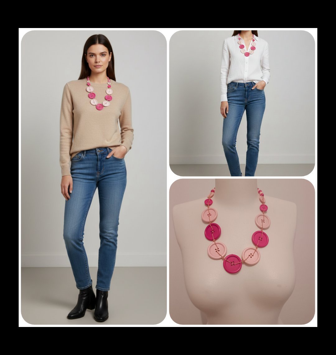 Un collier de gros boutons roses de différentes nuances et tailles, 