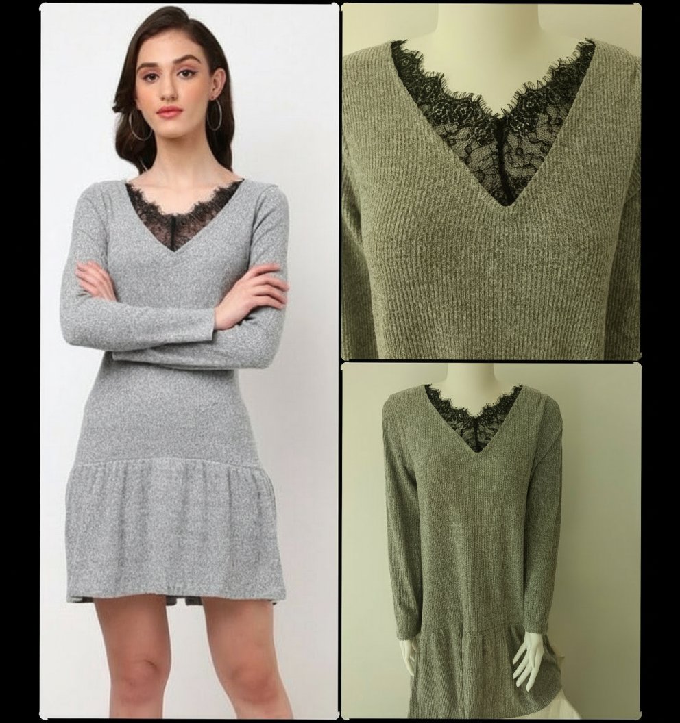 Une robe pull en maille légère  un col en V agrémenté de dentelle noire