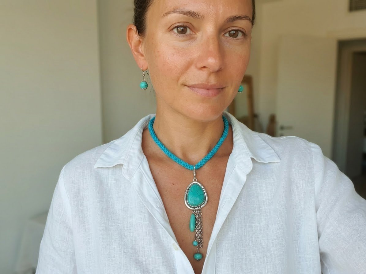 Une parure un collier avec un pendentif et de boucles d'oreilles assorties turquoise 