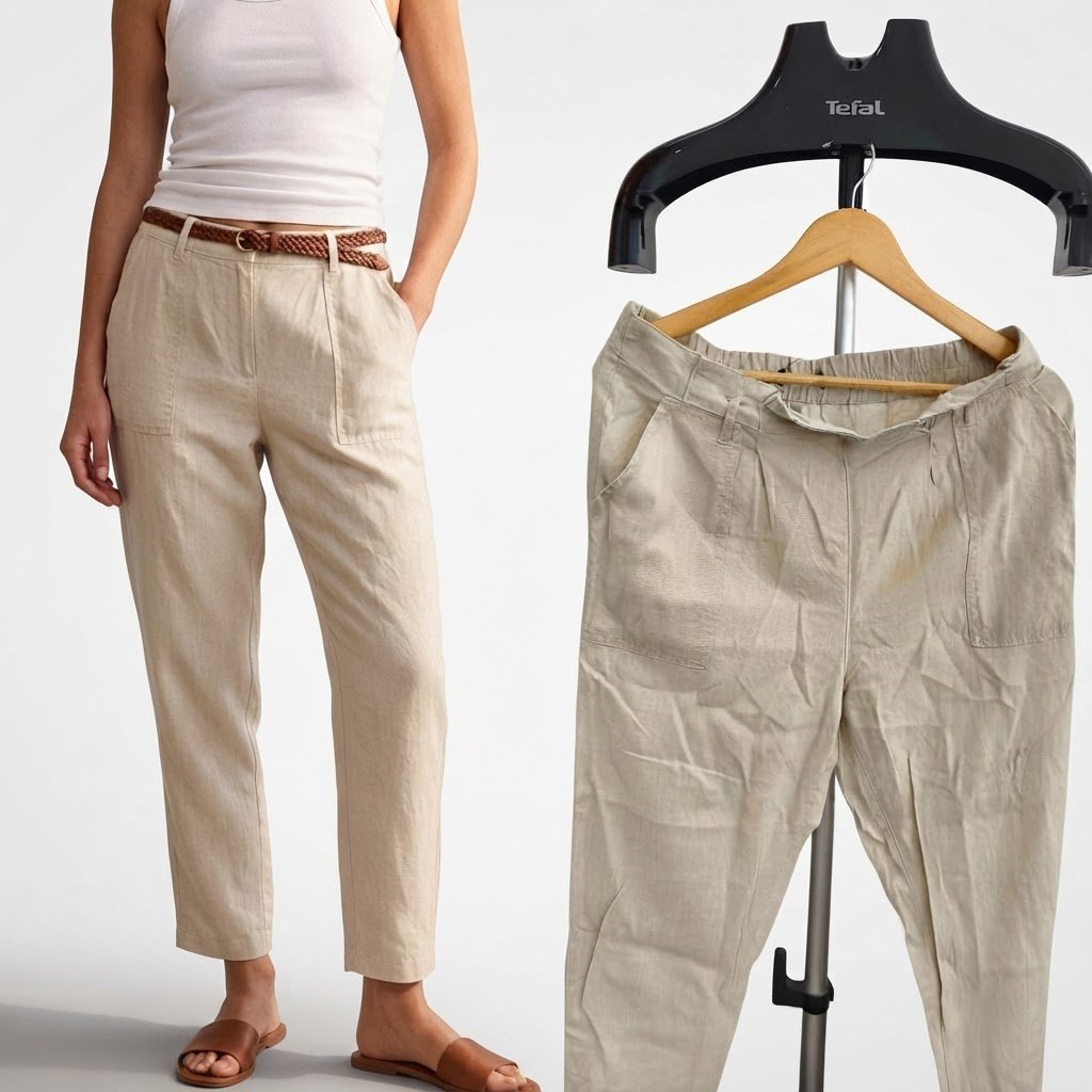 Un pantalon d'été décontracté en lin de couleur beige