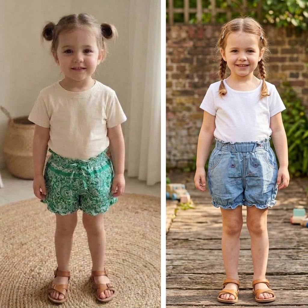 Le Short Vert à Motif et Le Short en Denim Bleu Clair