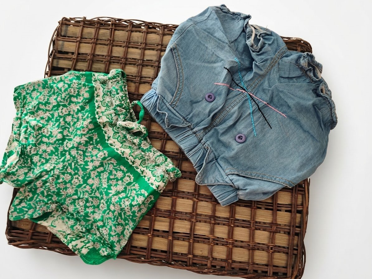 Short imprimé vert et blanc et Short taille haute en jean léger (chambray) :