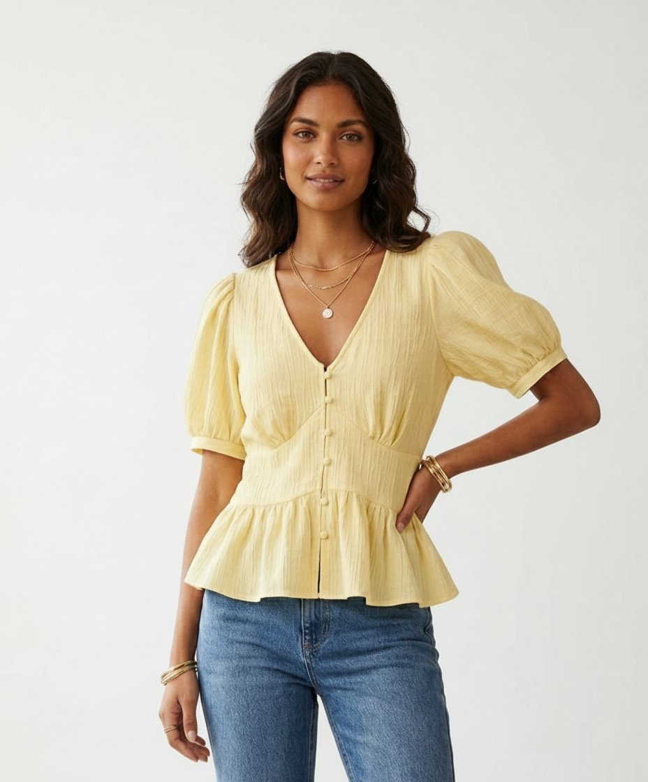 ​💫Nouvelle Collection ☀️💛 Magnifique blouse jaune pastel style péplum, fluide et ultra légère. Se porte à l'extérieur pour un look tendance et décontracté taille 38