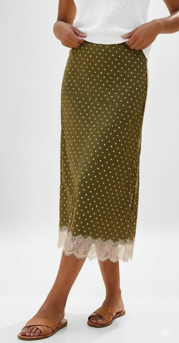 ✨️Nouvelle collection✨️ jupe vert kaki avec de jolie pois blancs dètails dentelle blanche raffines dans le bas  taille_ 44 neuve new look✨️