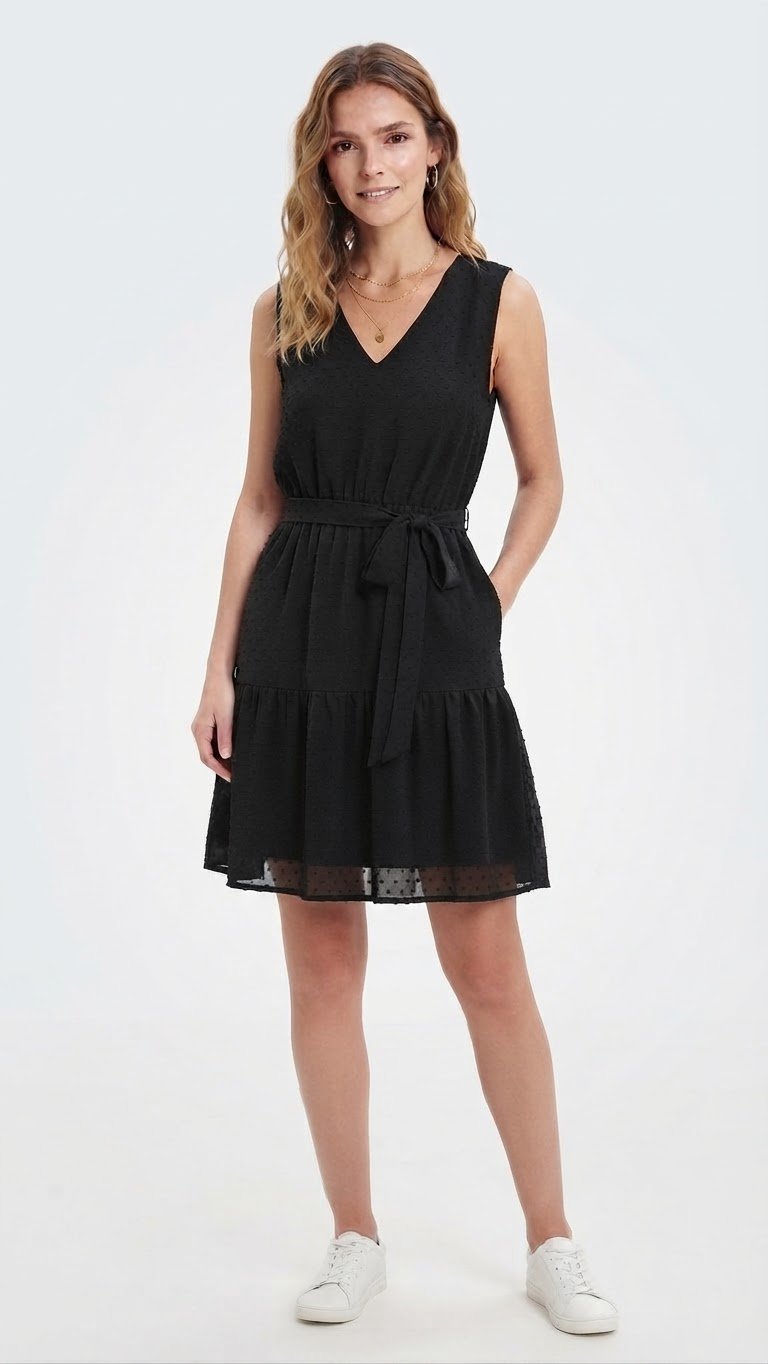 Robe noire chic Kiabi 👗✨ ​Marque : Kiabi ​Taille : 46 ​Style : Courte, sans manches, avec ceinture ajustable et tissu délicat à pois. ​Parfaite pour un look élégant et décontracté