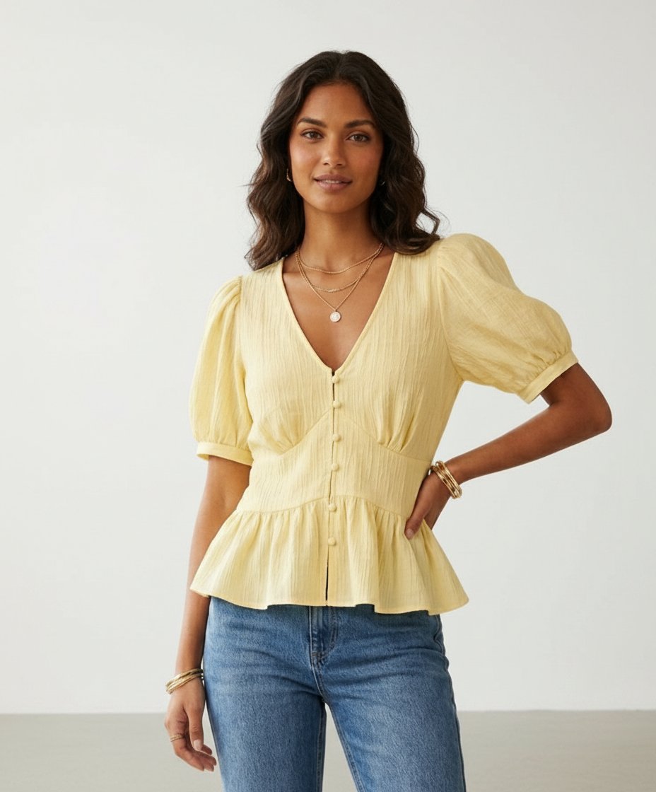  ✨️Nouvelle Collection ☀️💛 Magnifique blouse jaune pastel style péplum, fluide et ultra légère. Se porte à l'extérieur pour un look tendance et décontracté taille 36