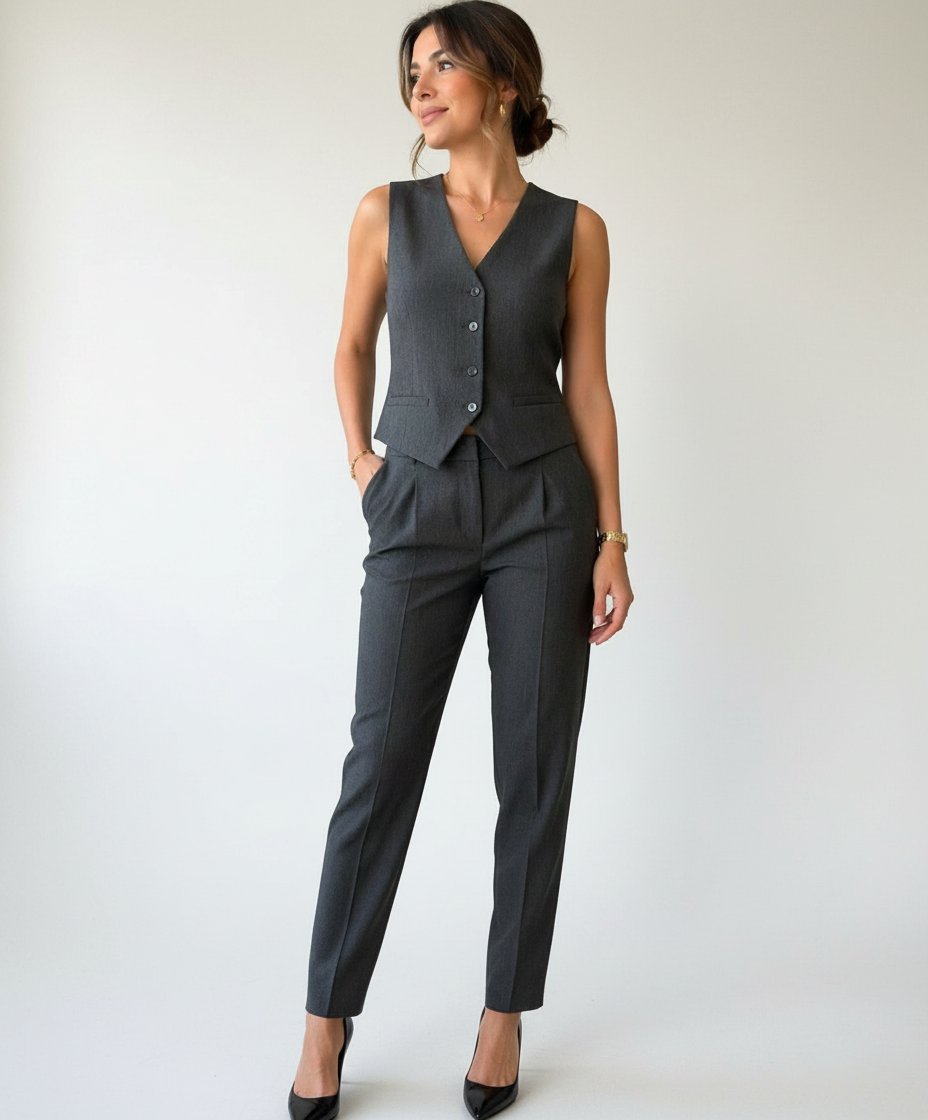 💫Ensemble chic gris foncé 🖤 Gilet + pantalon coupe parfaite ✨ Élégant, confortable et intemporel 👌 Taille 44 