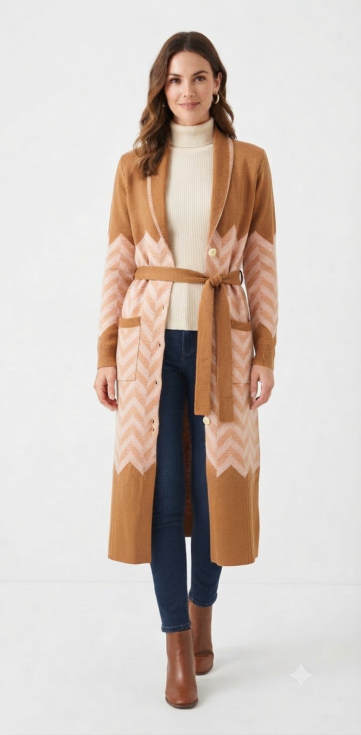 🎈✨️Long cardigan élégant aux motifs géométriques et ceinture structurée. Chaud, doux et ultra✨️-tendance pour cet hiver.