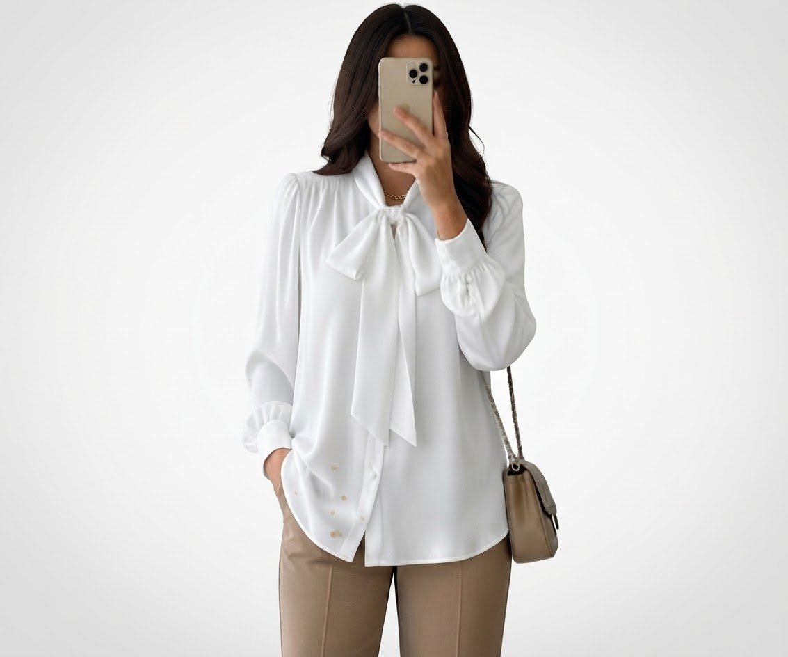 💫Chemise blanche chic avec nœud papillon – Taille 40 ✨️ Élégante & raffinée 👚 Coupe féminine et stylée ✨ Parfaite pour un look chic et soigné ​