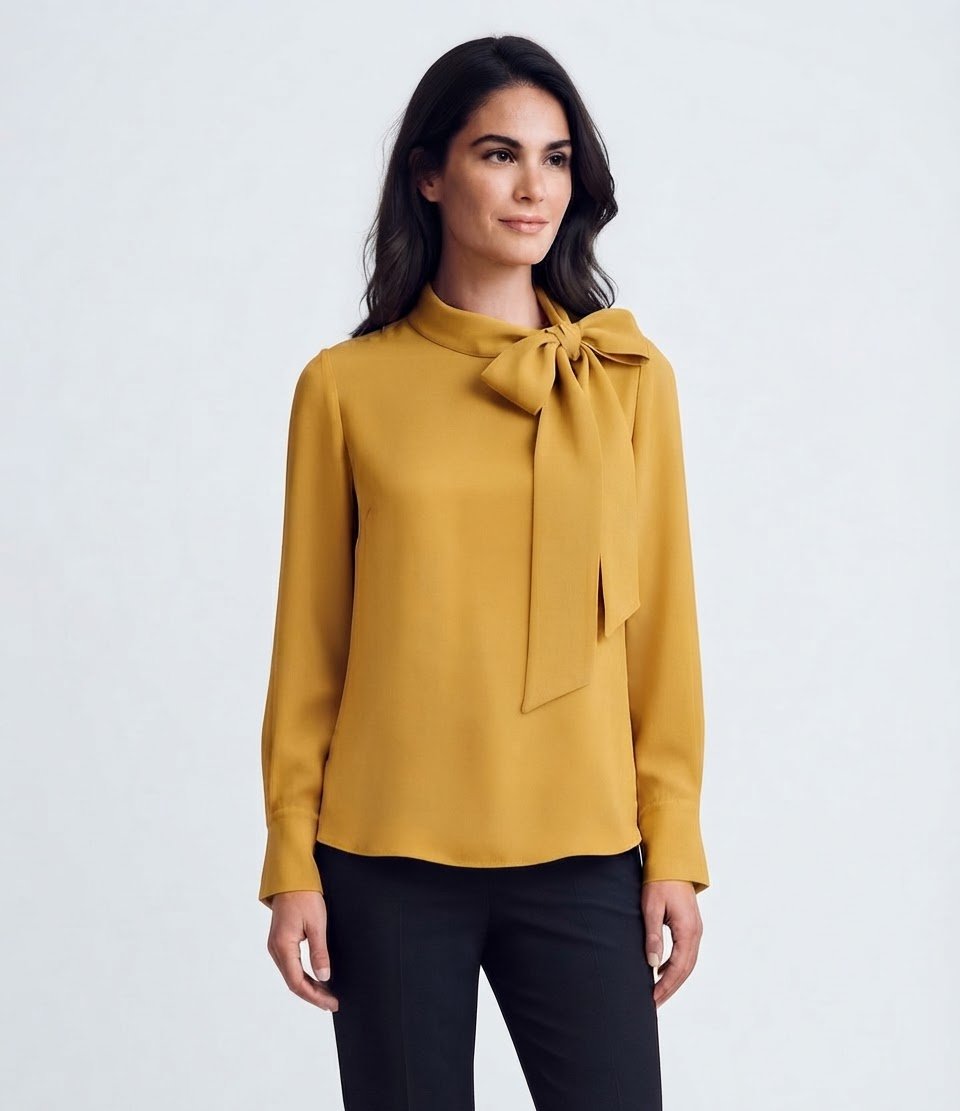✨️Chemisier élégant de couleur moutarde avec nœud au col – Taille 40 ​