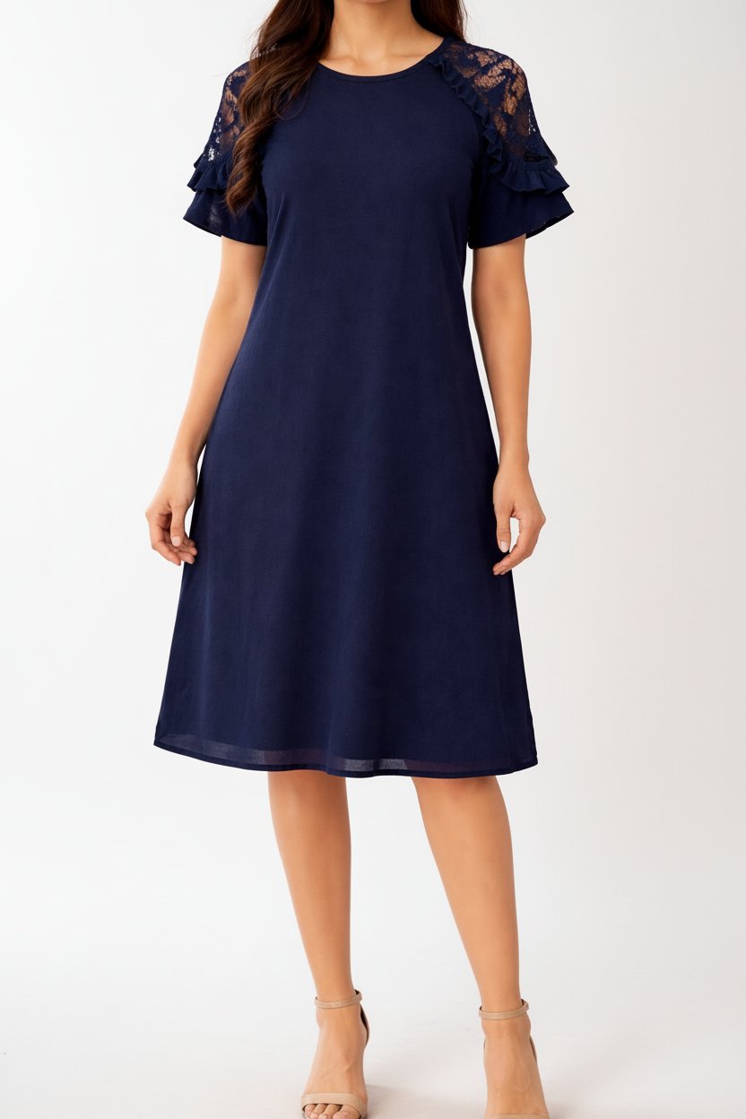 💫Robe bleu marine chic taille 42💙 Coupe droite (non évasée) ✔️ Longueur genou 👗 Dentelle élégante aux épaules ✨ Très classe et confortable