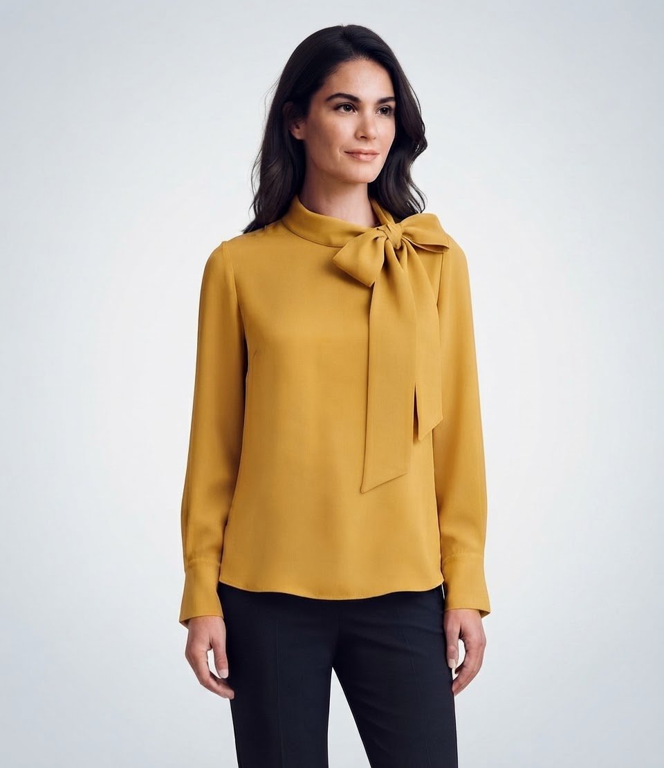 💫Chemisier élégant de couleur moutarde avec nœud au col – Taille 38 ​