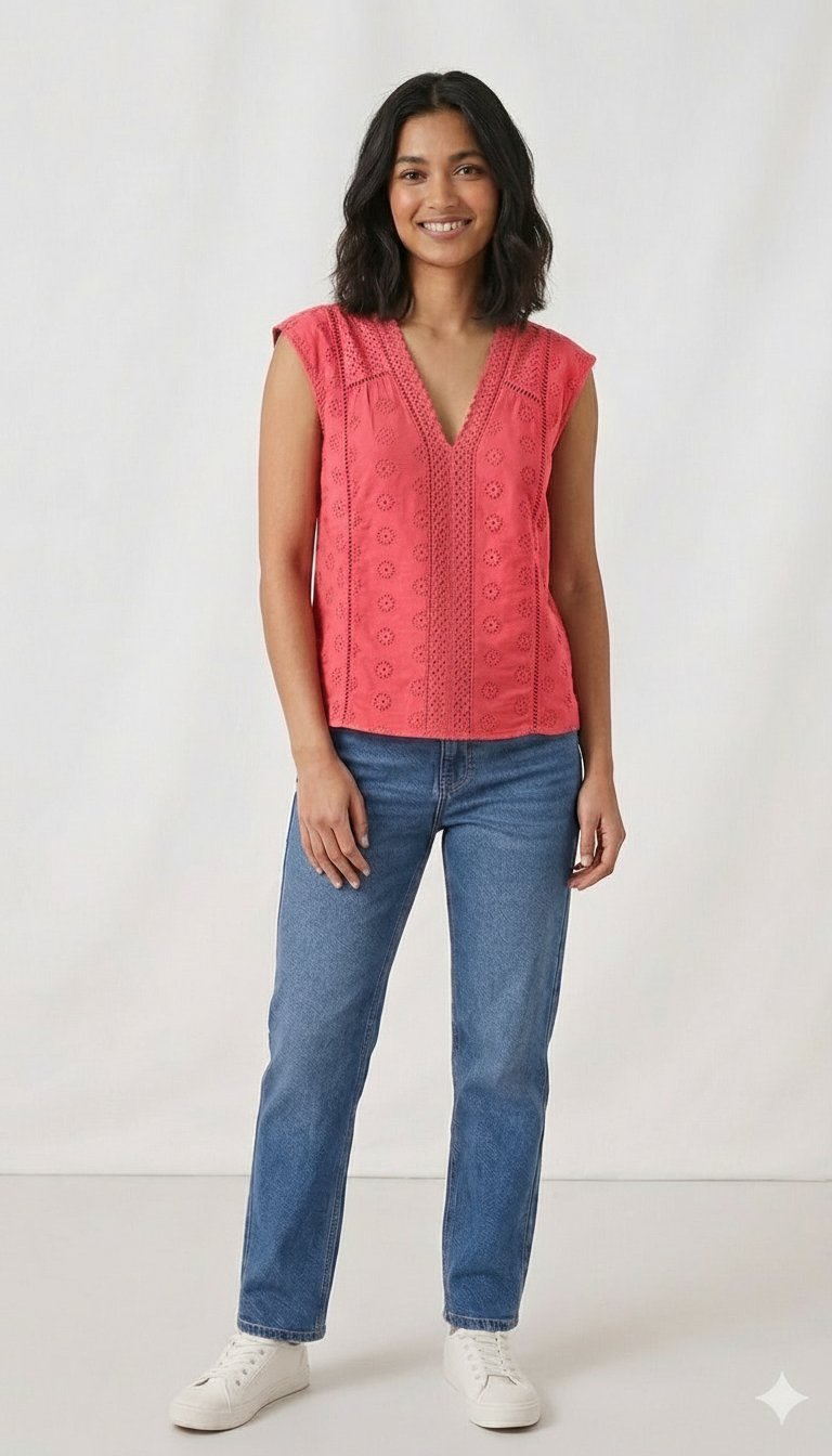 💫Top d’été M&S Collection (Taille 40) 🌸 Magnifique top rose vif en broderie anglaise, coupe fluide super chic sur un jean. Neuf avec étiquette ! 