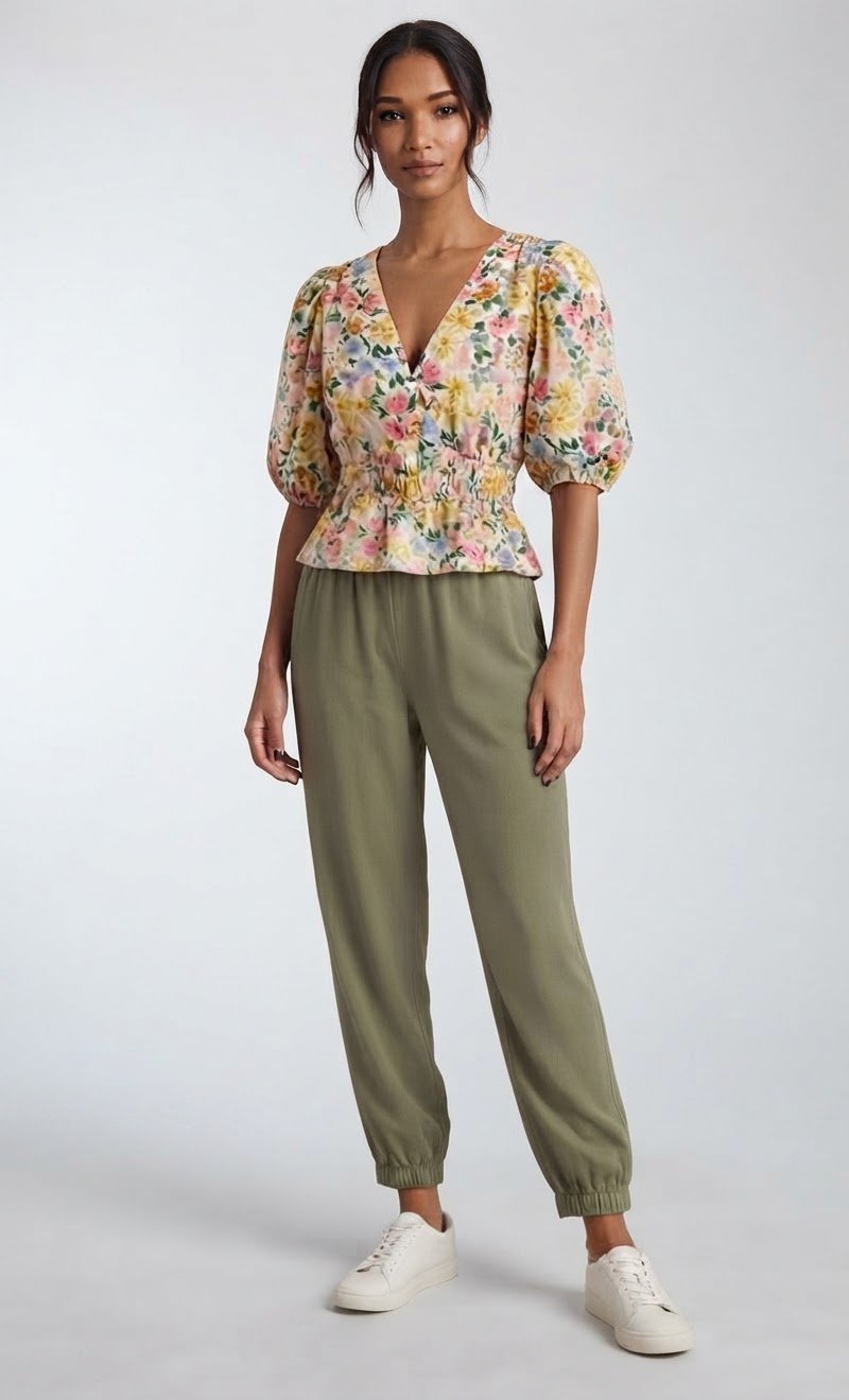 ✨️Superbe ensemble ✨️2 pièces de la marque C&A, taille 36. Composé d'un haut à motif floral coloré avec un col en V et des manches bouffantes, et d'un pantalon fluide vert kaki confortable. Idéal pour un look estival à la fois chic et décontracté !