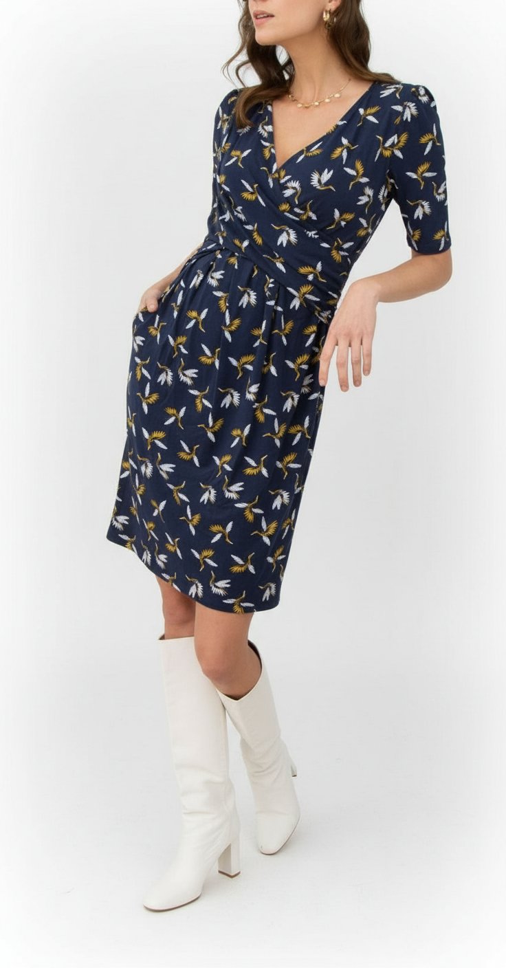 ✨️ Robe portefeuille bleu marine – Taille 38 🕊️ Motif oiseaux délicat ✨ Coupe flatteuse & élégante 💫 Chic, féminine & facile à porter