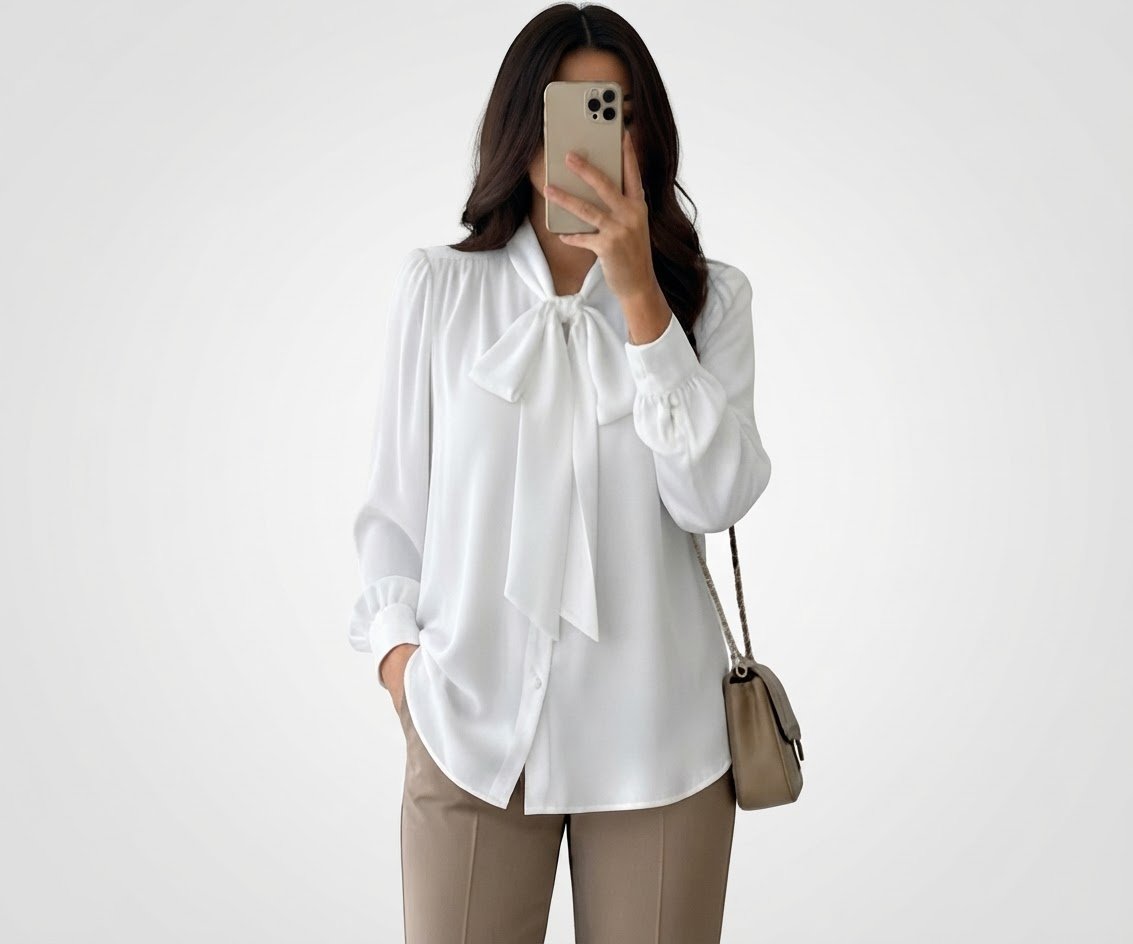 Chemise blanche chic avec nœud papillon – Taille 42 ✨️ Élégante & raffinée 👚 Coupe féminine et stylée ✨ Parfaite pour un look chic et soigné ​