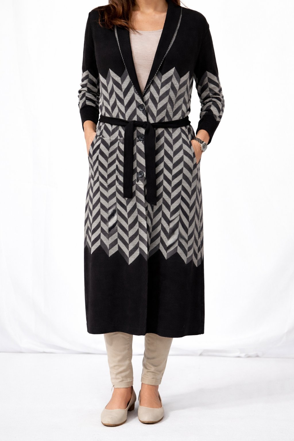 💫Long cardigan NEW ✨ Noir & gris – motif chevrons Avec ceinture à la taille neuf
