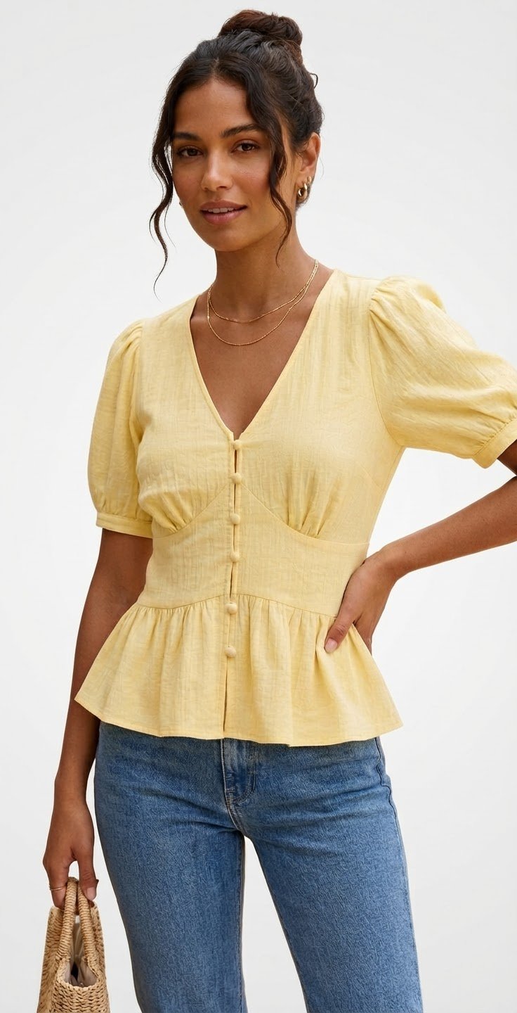  💫💛 Magnifique blouse jaune pastel style péplum, fluide et ultra légère. Se porte à l'extérieur pour un look tendance et décontracté taille _44