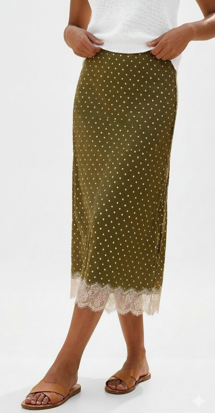 ✨️Nouvelle collection jupe vert kaki avec de jolie pois blancs dètails dentelle blanche raffines dans le bas  taille 40 neuve  la marque new look💫