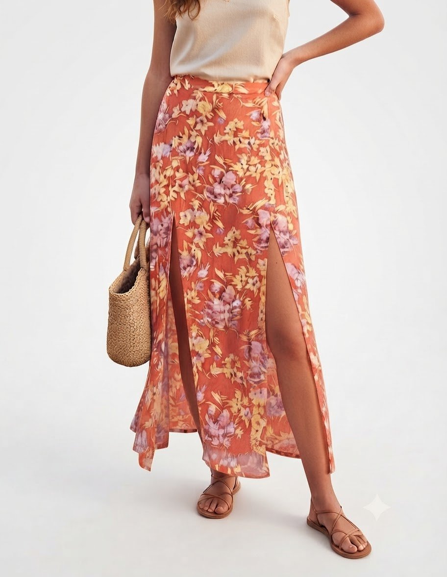 ✨️Jupe longue George ​Taille : 42 ​Style : Bohème et fluide, imprimé floral lumineux avec double fente sur le devant. ​