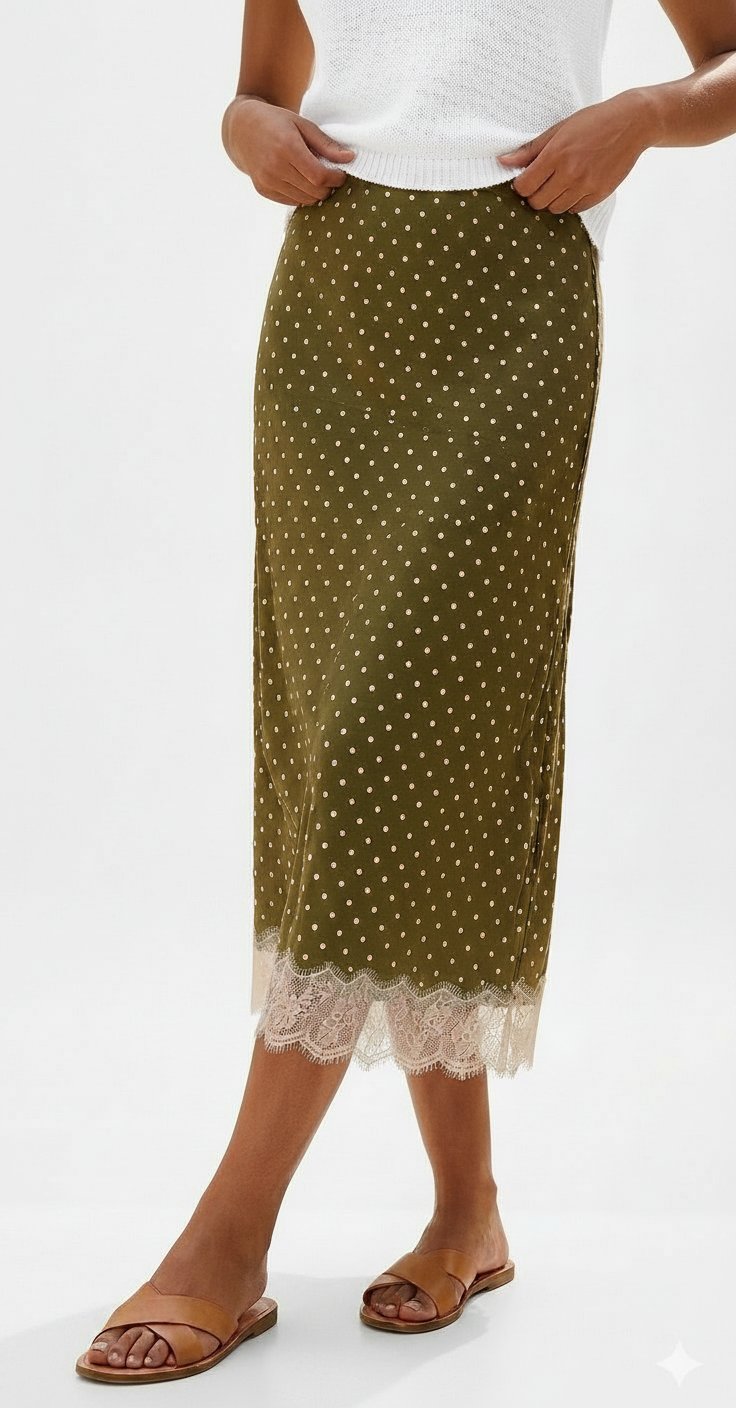 💫Nouvelle collection jupe vert kaki avec de jolie pois blancs dètails dentelle blanche raffines dans le bas  taille_ 42 neuve  la marque new look