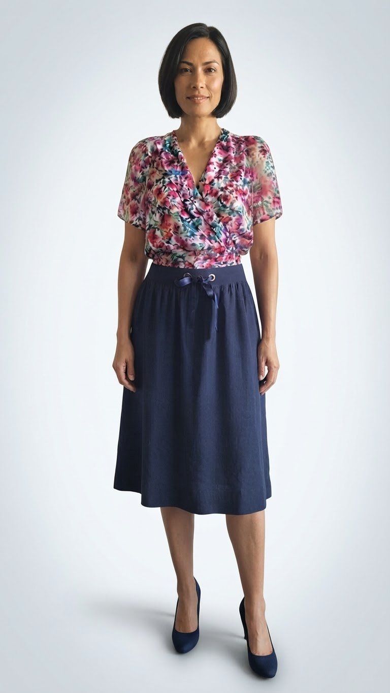​💫Ensemble chic et estival composé d'un haut cache-cœur à fleurs et d'une jupe midi bleu marine en pur lin. Fluide et confortable taille 38