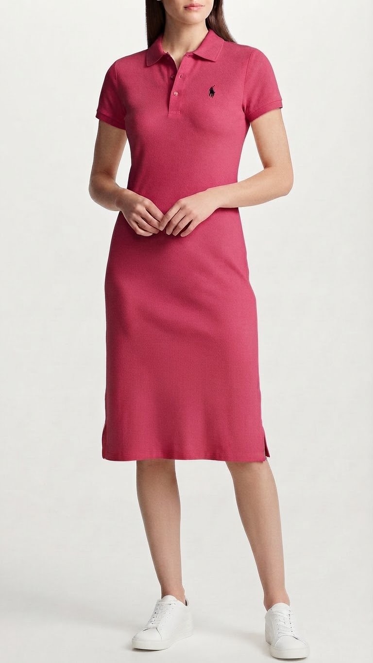 ✨️💢Robe polo rose  en piqué de coton doux, coupe ajustée, col polo classique et manches courtes. Une pièce élégante et décontractée, longueur genoux✨️, taille 38/40.