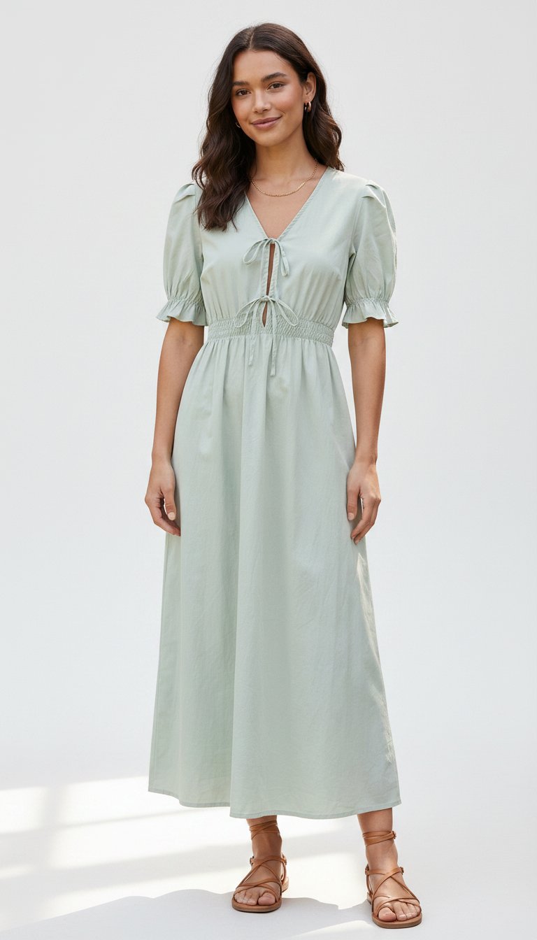 💫Robe midi élégante en vert pastel 🌿 Alliez confort et élégance avec cette robe légère, parfaite pour vos journées ensoleillées taille 38.