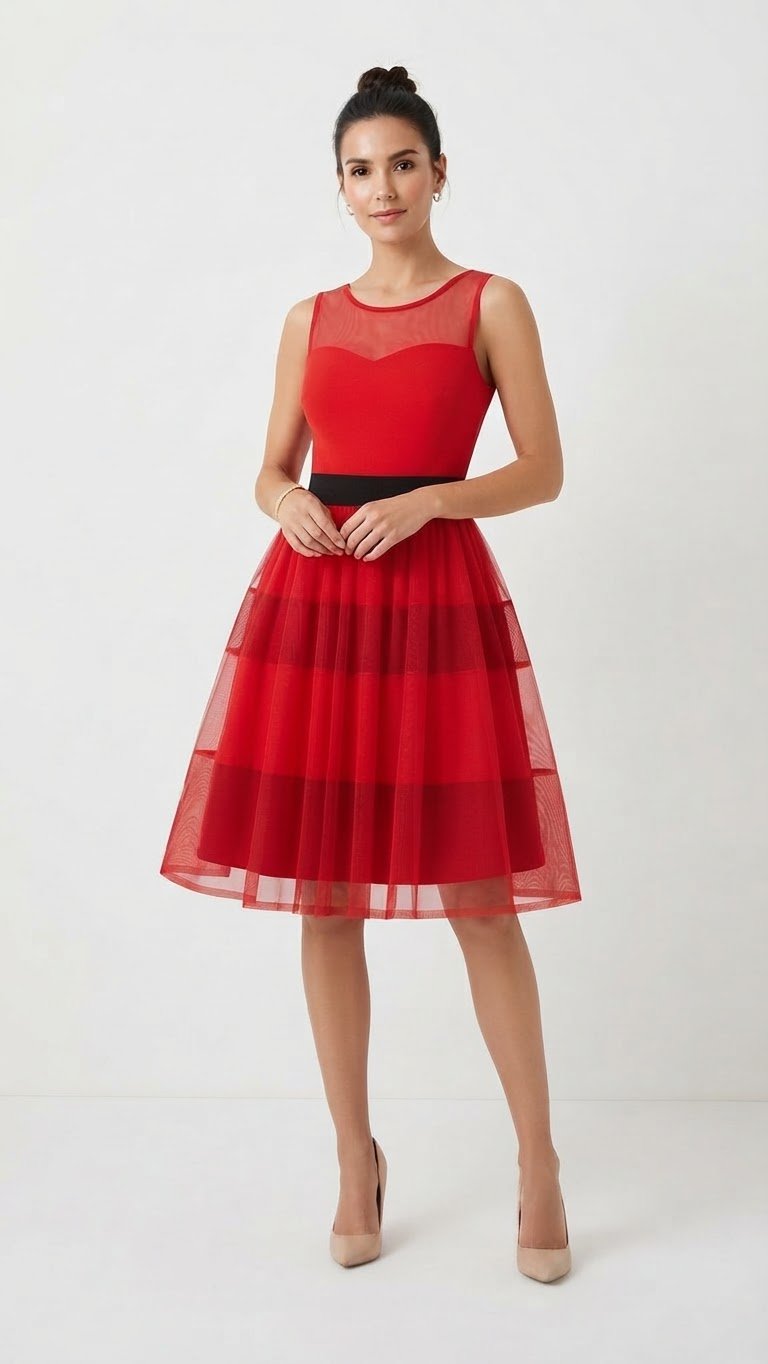 ❤️✨️Robe de soirée élégante rouge avec empiècement en tulle transparent. ​Taille 40