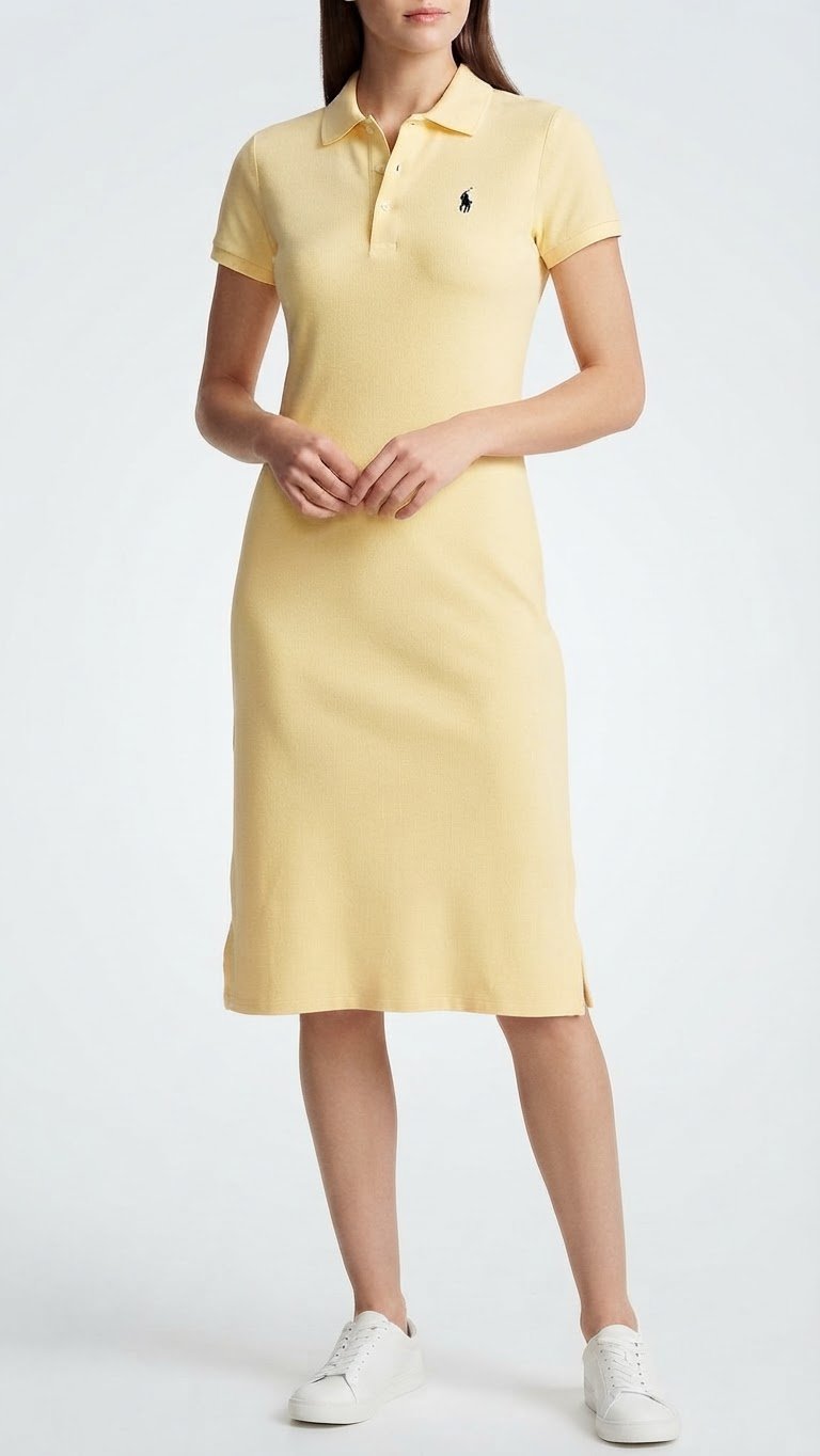 ✨️💫Robe polo jaune pastel en piqué de coton doux, coupe ajustée, col polo classique et manches courtes. Une pièce élégante et décontractée, longueur genoux✨️, taille 38/40.