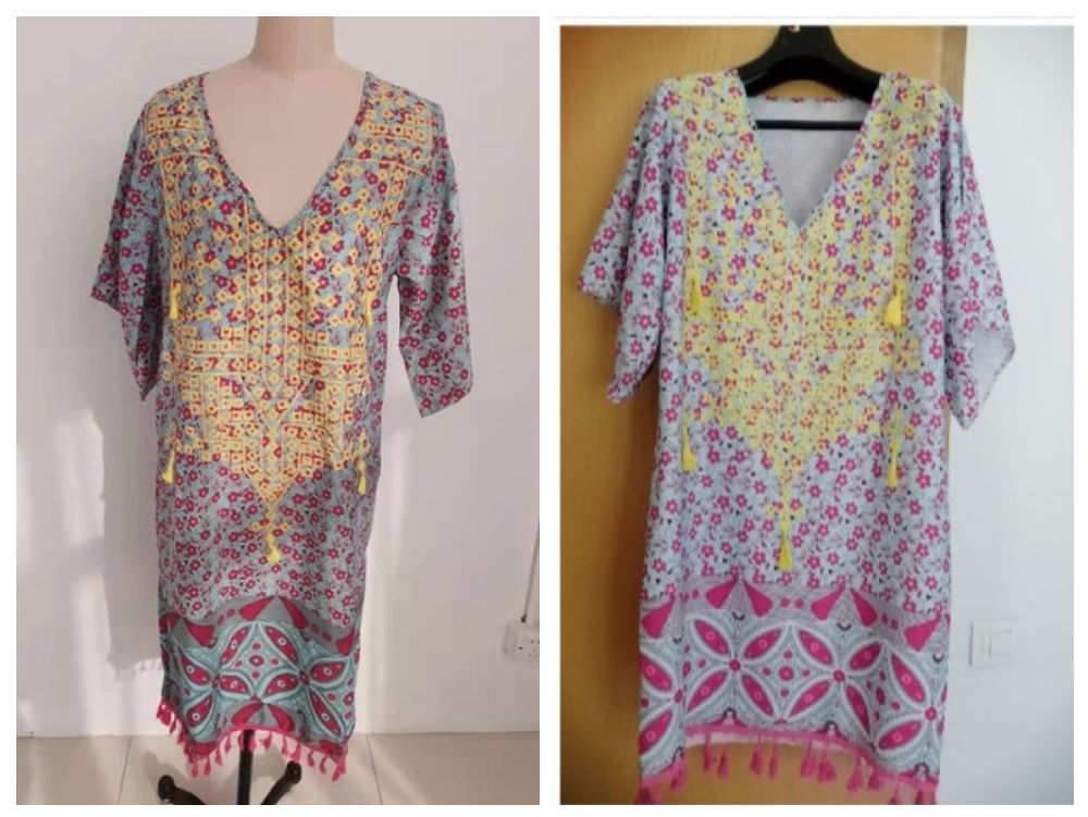 Robe à franges, neuve, tissu satiné 